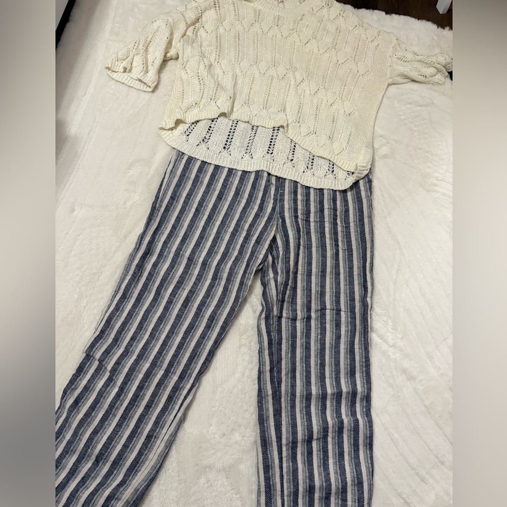 POL Blue and White Vertical Stripe Wide Leg Pants large